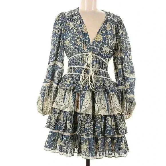 Ulla Johnson Dress Nina Floral Print Mini Ruffle Tiered Corset Tie 6 Blue NWT - Picture 6 of 8